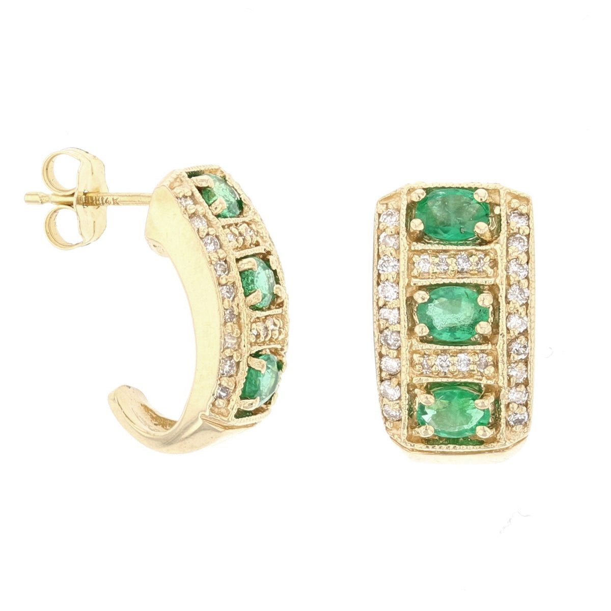 Yellow Gold Oval Cut Emerald Diamond Earrings