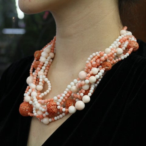 Vintage 14K Yellow Gold Angel Skin Coral Bib Necklace