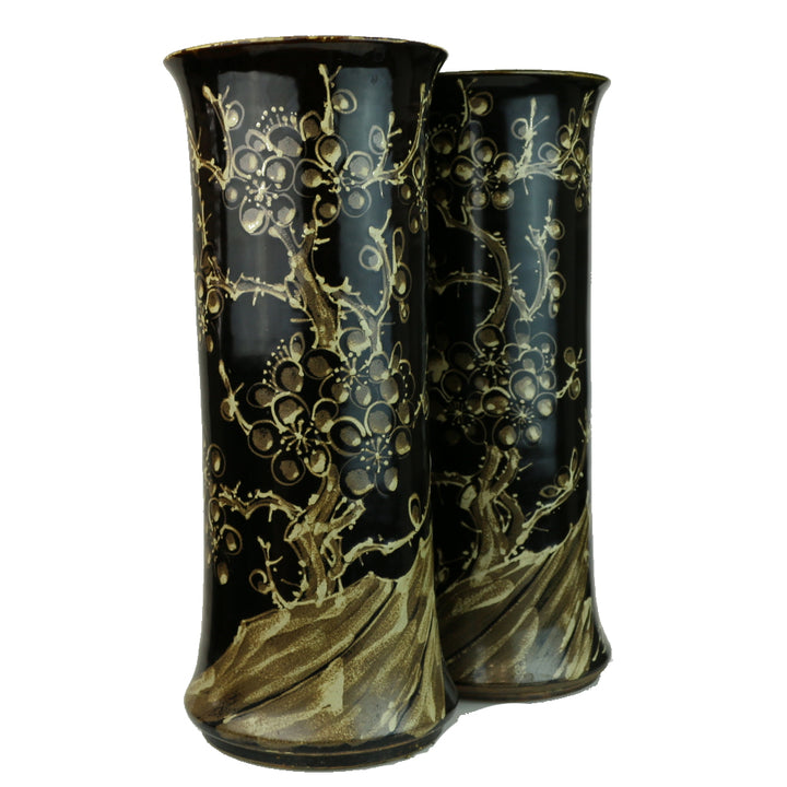 Antique Chinese Ceramic black and brown wide cylinder vases