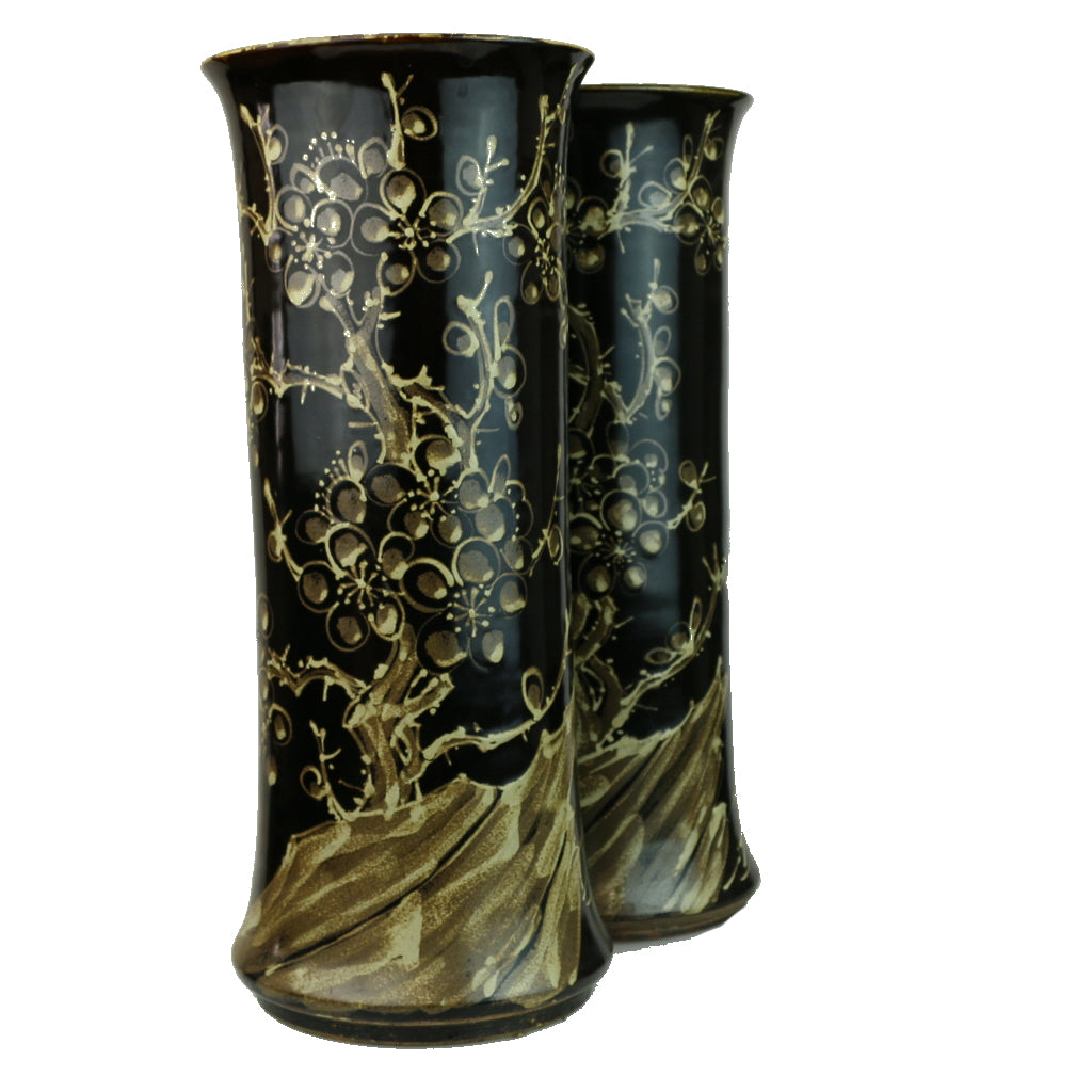 Antique Chinese Ceramic black and brown wide cylinder vases